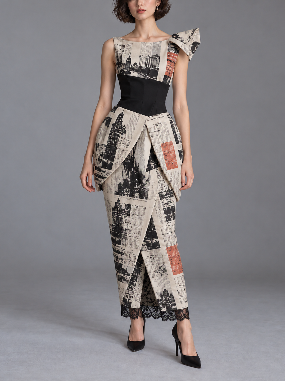 Beige Black Newspaper Print One Shoulder Corset Midi Dress