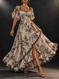 Beige Black Newspaper Print Square Neck Flutter Sleeve Maxi Dress