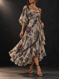 Beige Purple Newspaper Print One Shoulder Ruffle Midi Dress