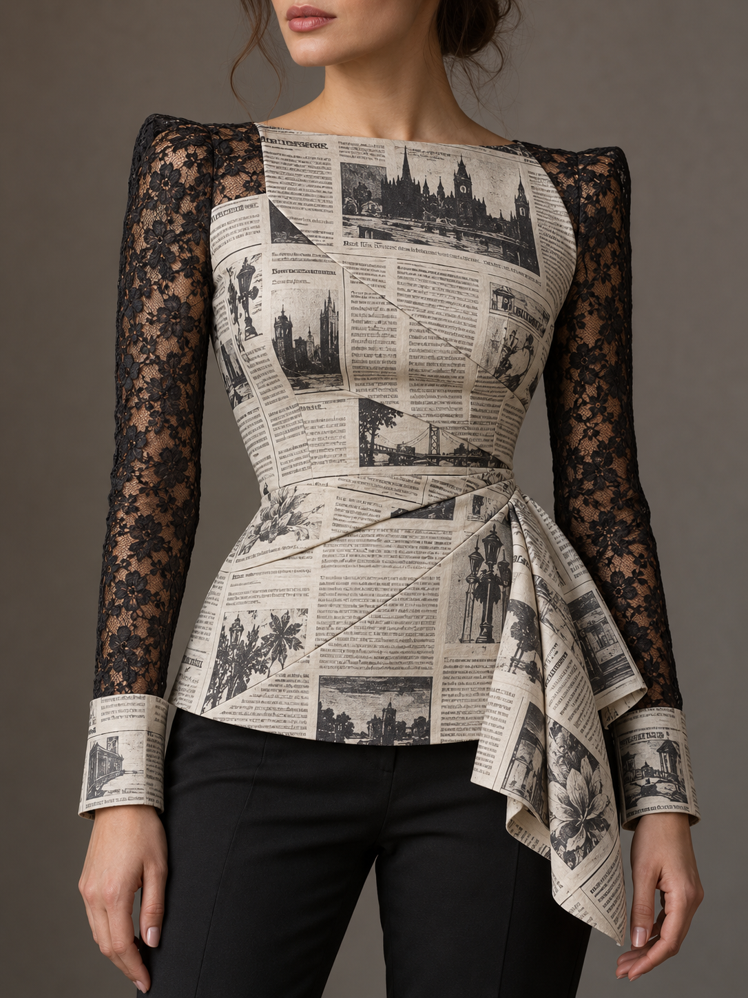 Beige Black Newspaper Print Lace Sleeve Wrap Blouse