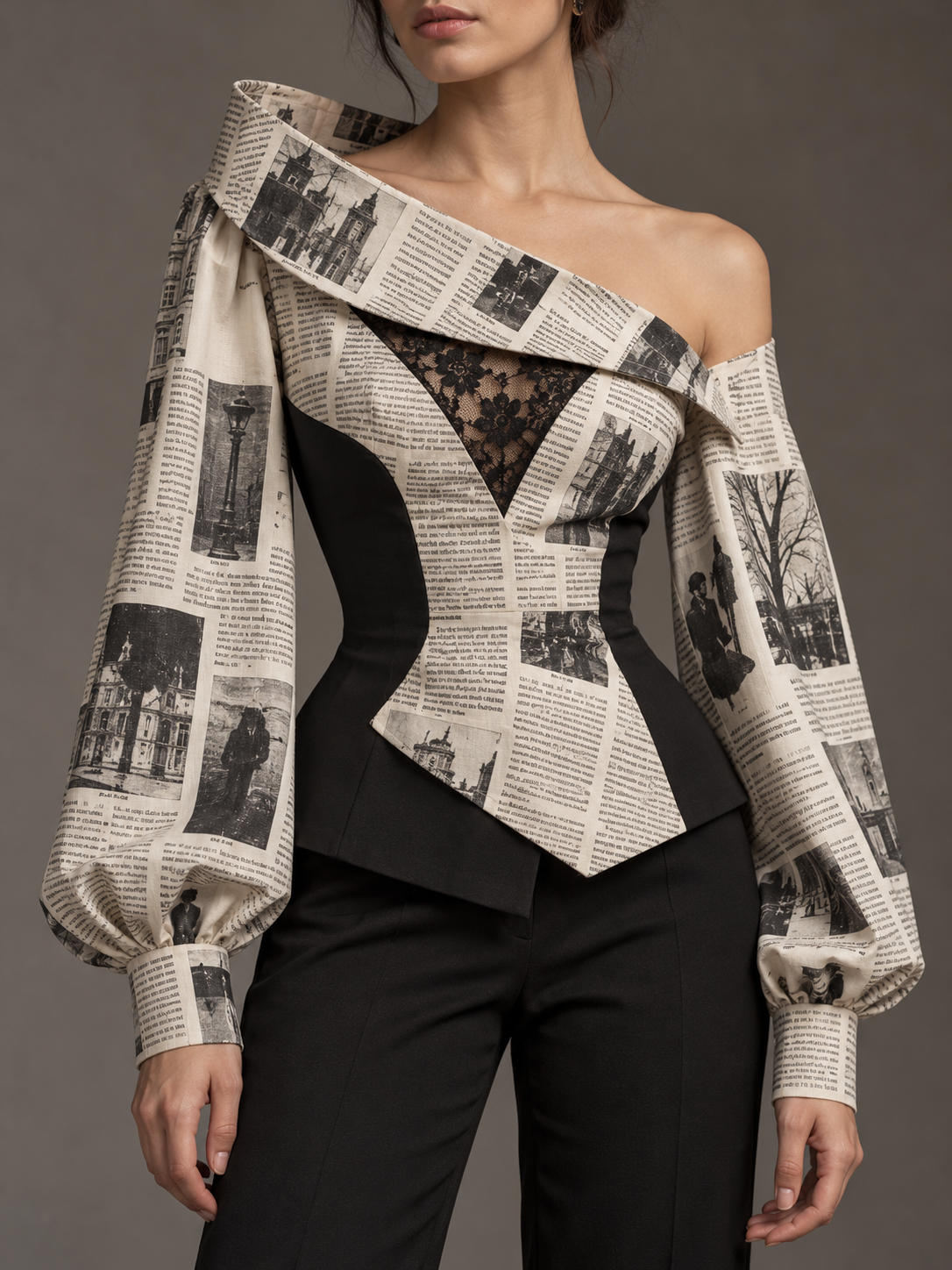 Beige Black Newspaper Print Off Shoulder Lace Trim Blouse