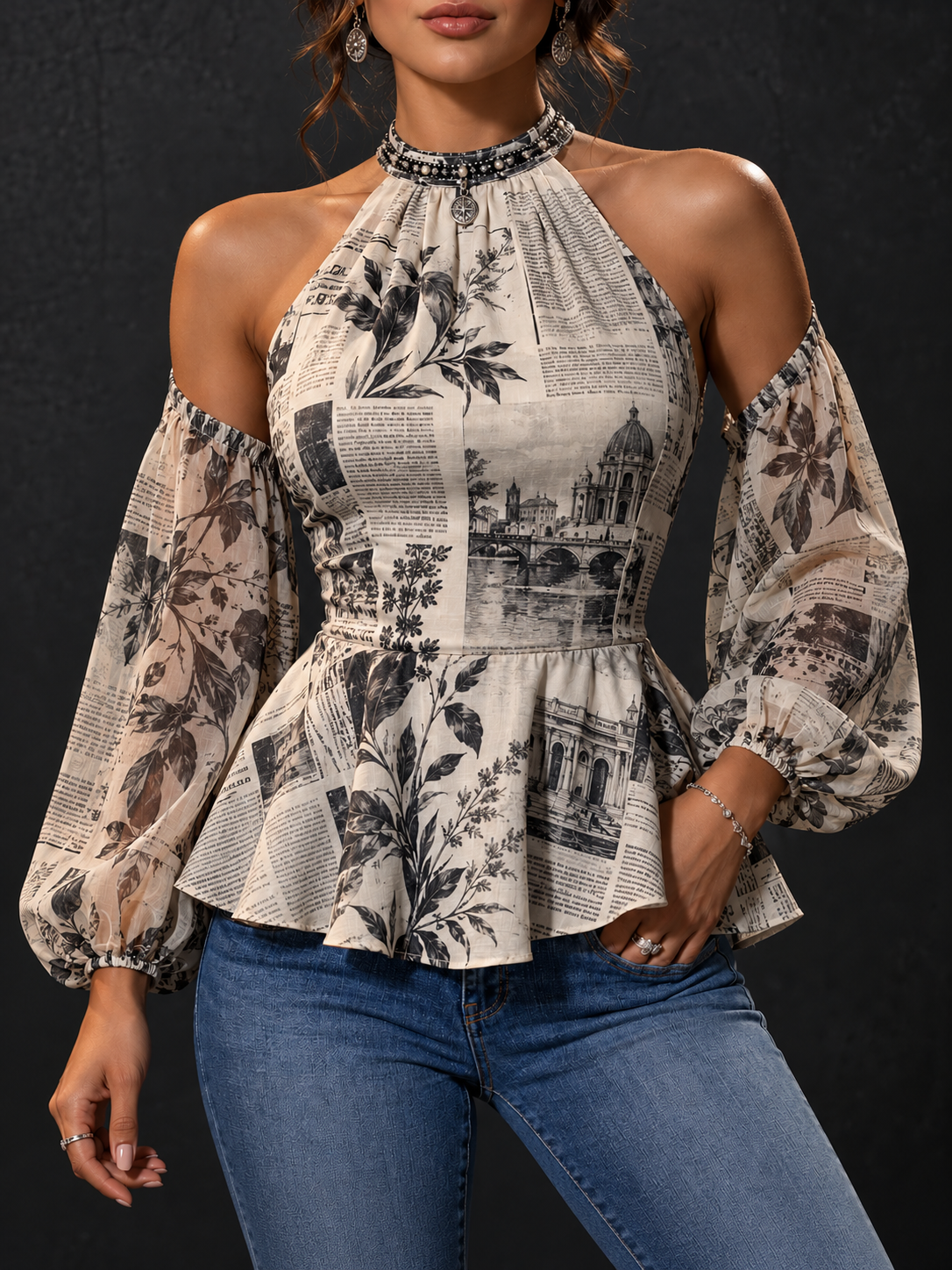 Beige Black Floral Newspaper Print Cold Shoulder Blouse
