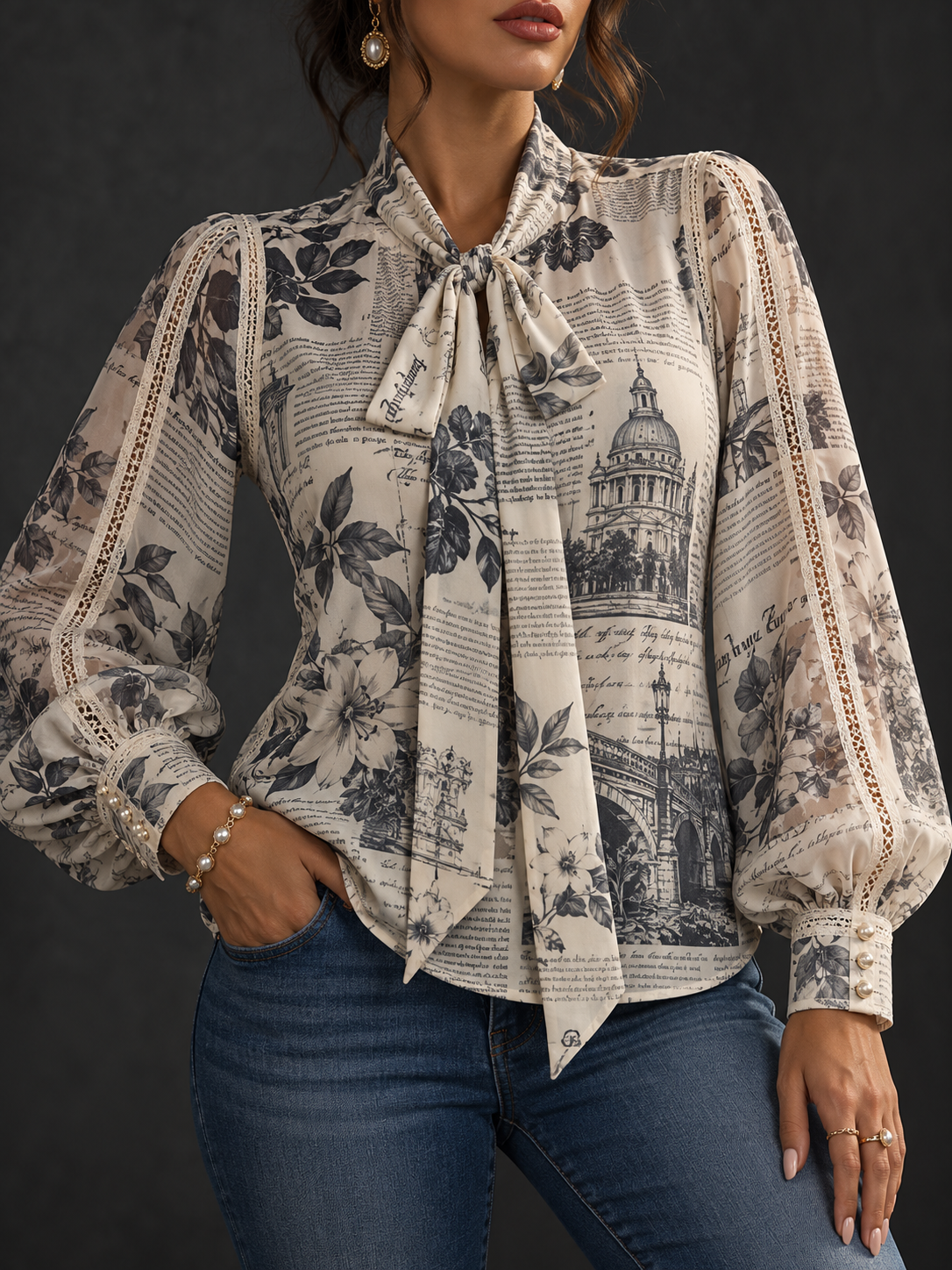 Beige Black Floral Newspaper Print Tie Neck Blouse