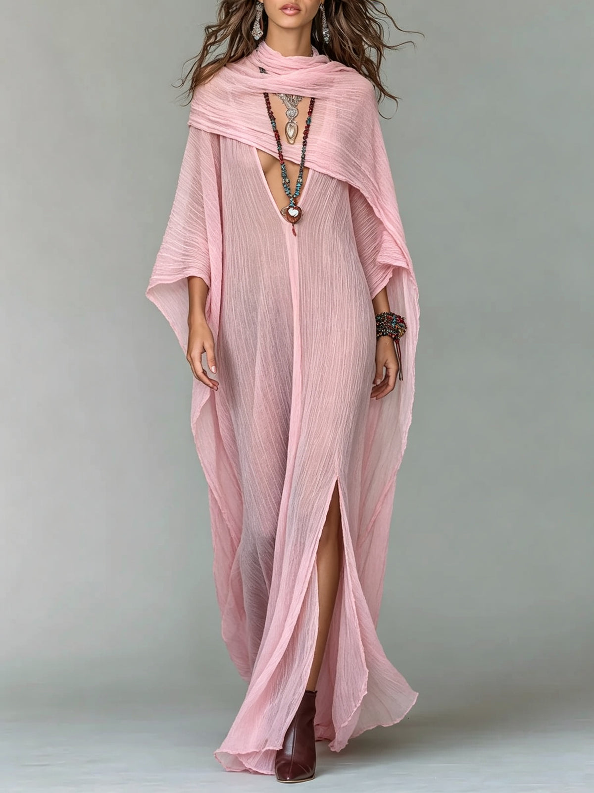 Draped Shawl Collar Plunge Front Kaftan Maxi Dress