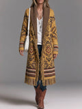 Mustard Aztec Print Fringe Long Cardigan