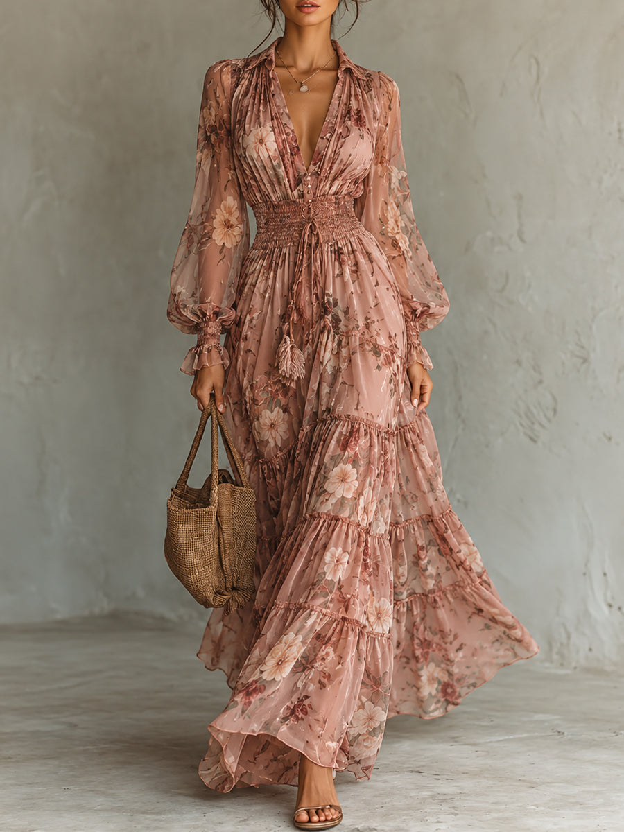 Pink Floral Print V Neck Tiered Maxi Dress