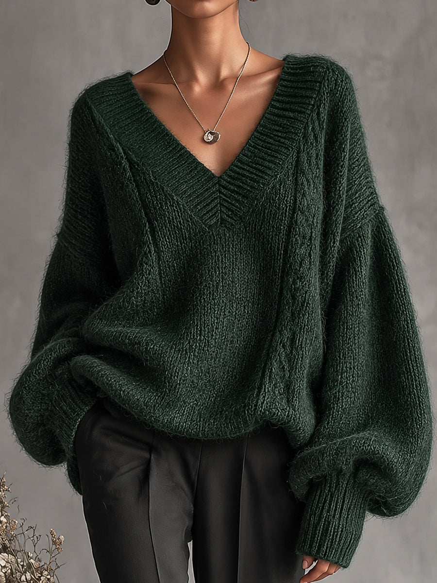 DarkGreen Oversized V Neck Sweater