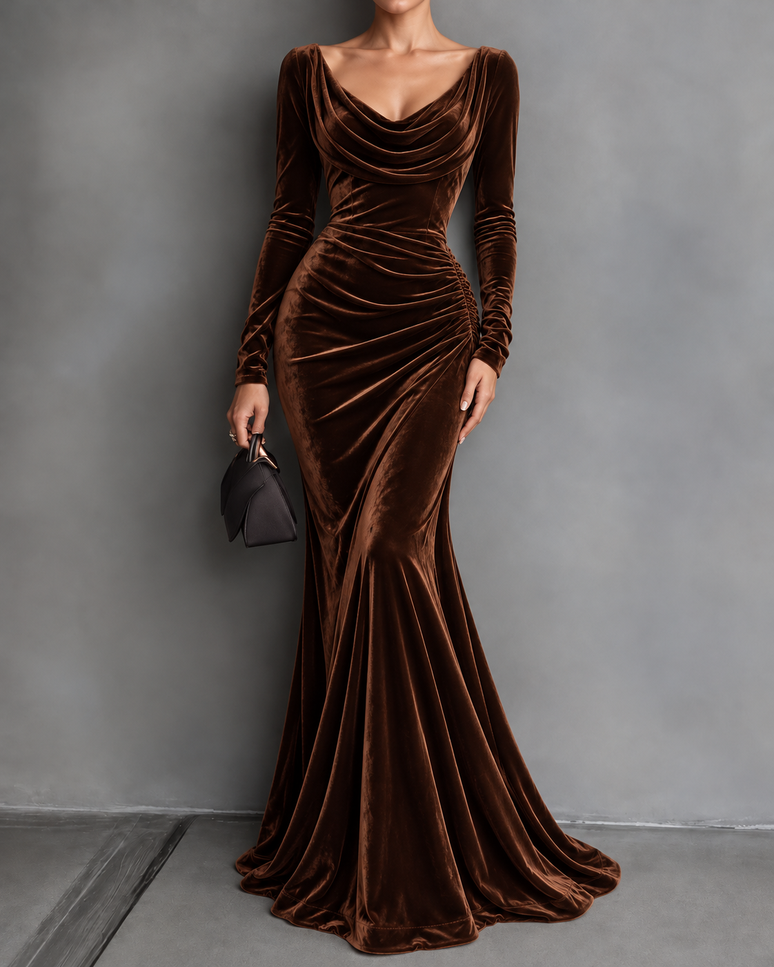 Brown Velvet Cowl Neck Ruched Mermaid Maxi Dress