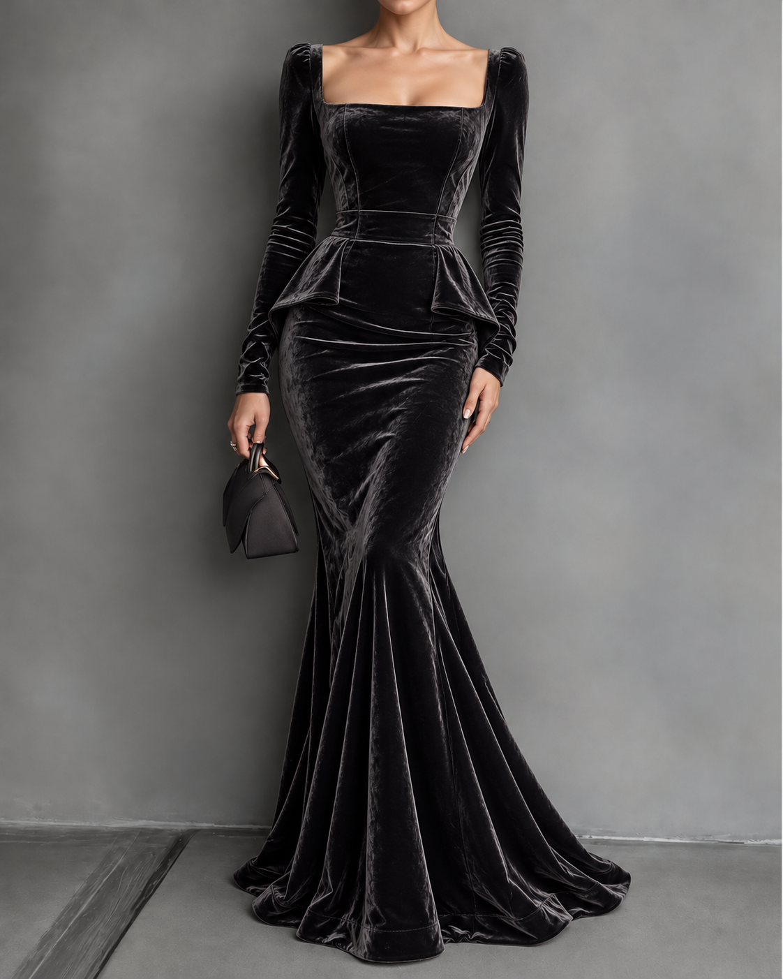 Black Velvet Square Neck Peplum Midi Dress