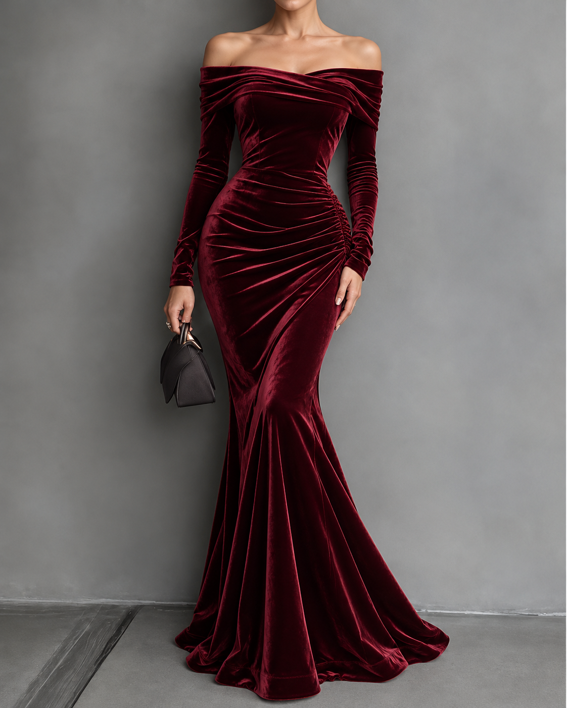 Burgundy Velvet Off Shoulder Ruched Maxi Dress