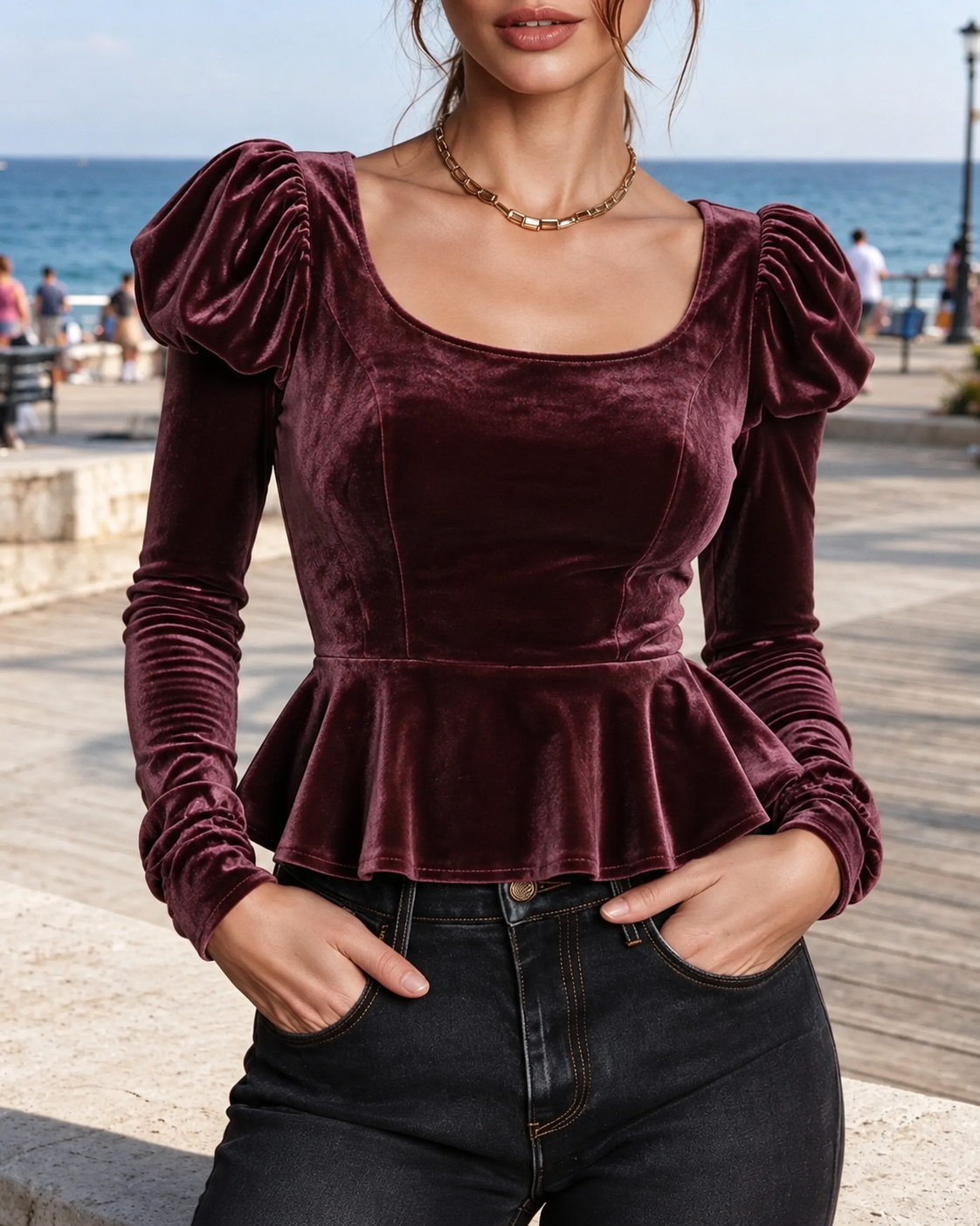 Burgundy Velvet Square Neck Peplum Top