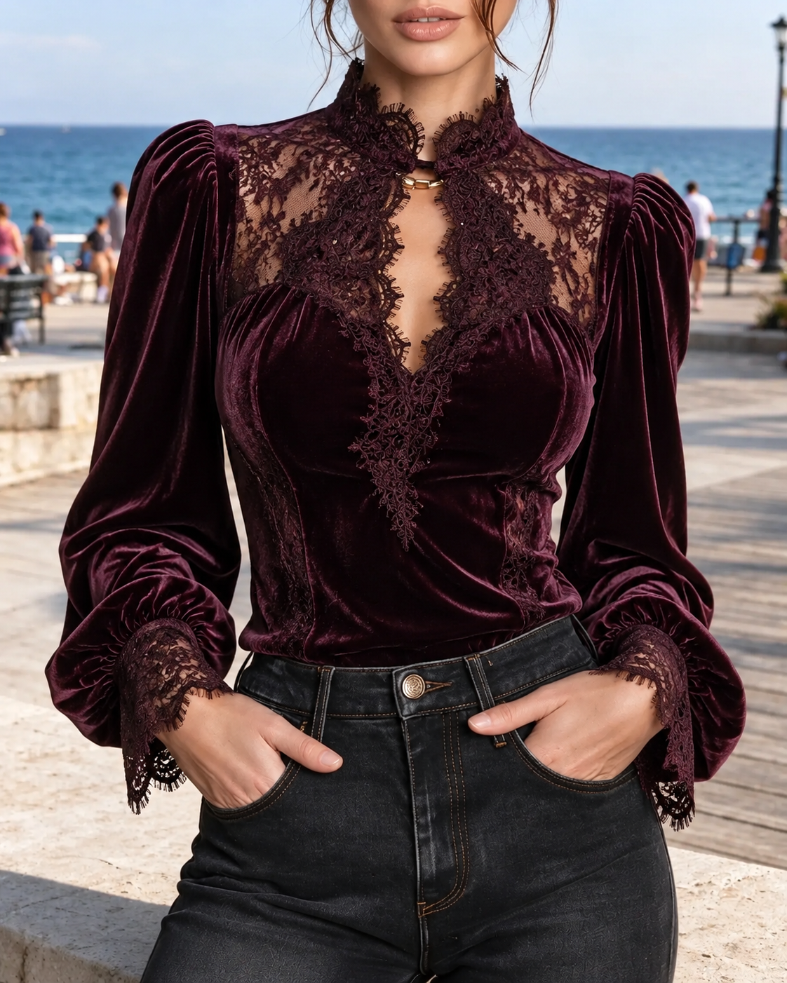 Burgundy Velvet Lace Trim Long Sleeve Top