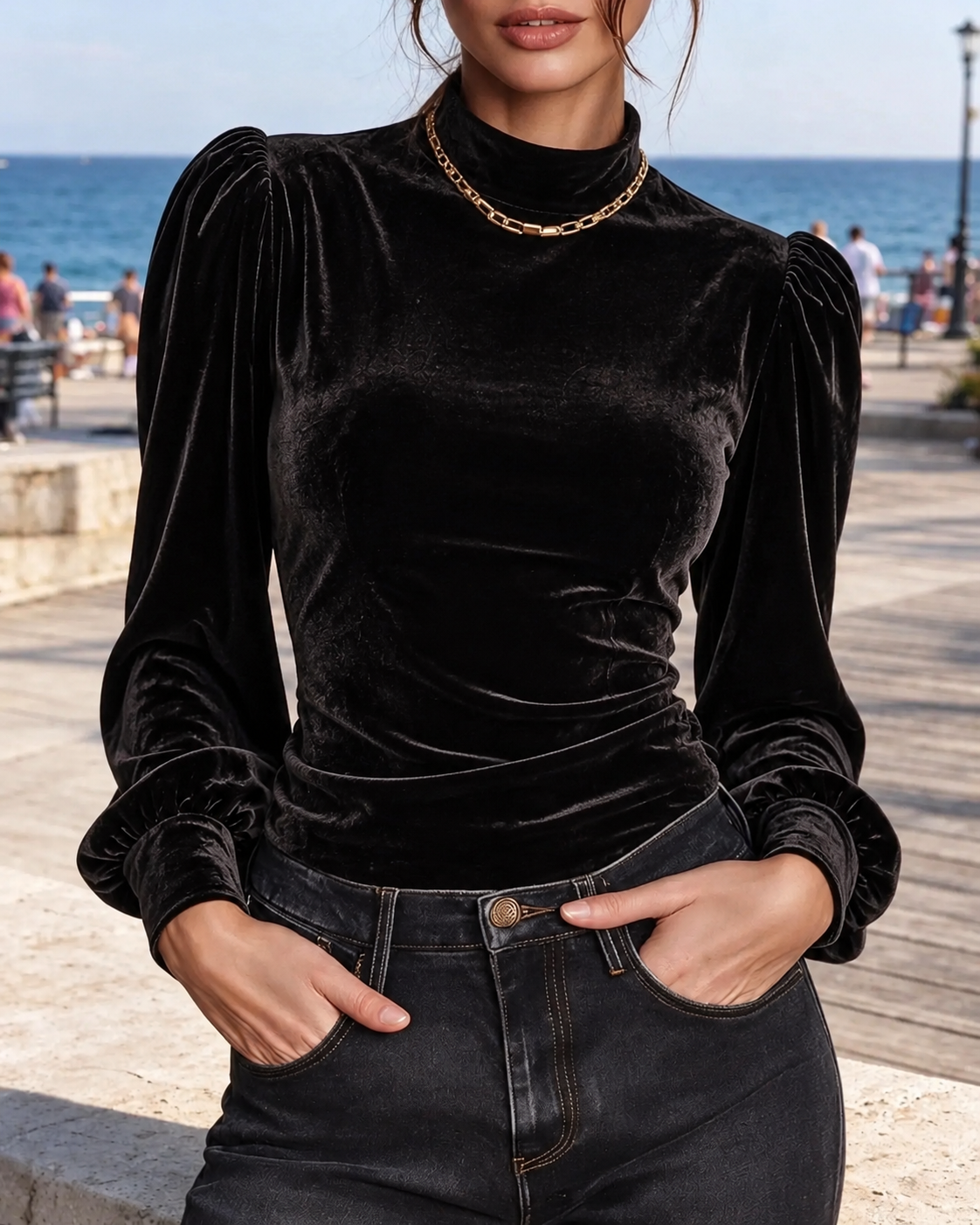Black Velvet High Neck Long Sleeve Top