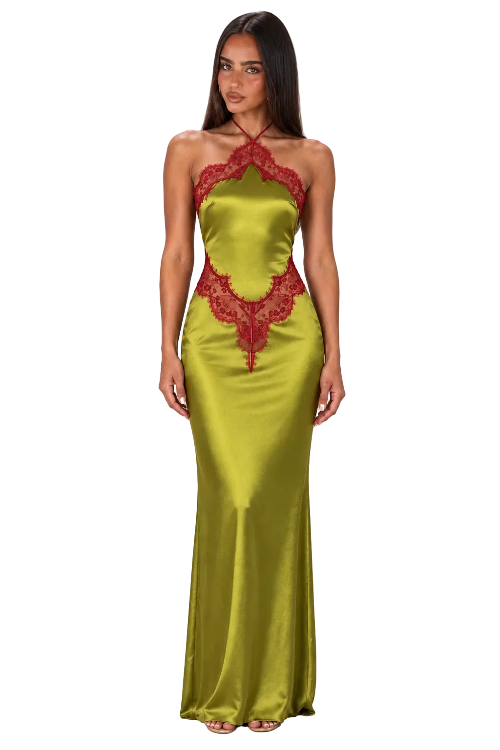 Brown Lace Applique Halter Maxi Dress