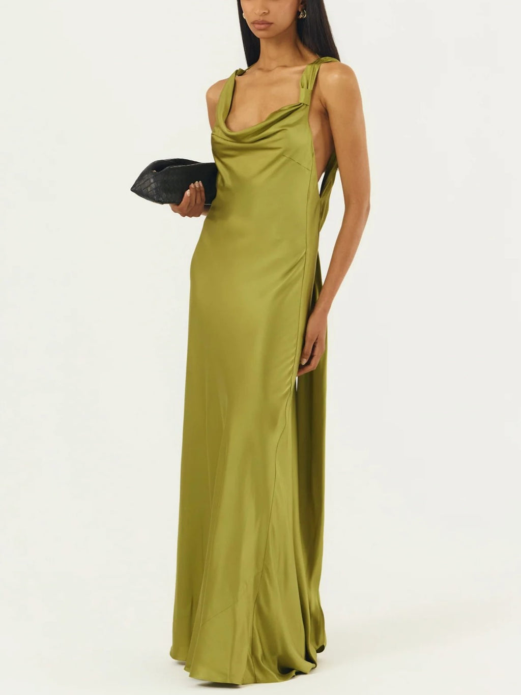 Olive Satin Cowl Neck Open Back Maxi Dress