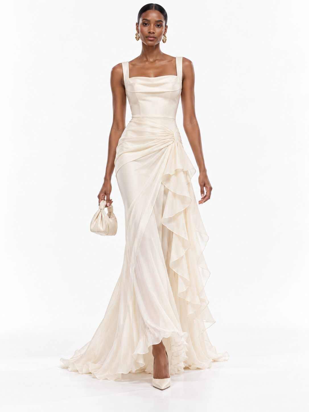 Cream Satin Cowl Neck Draped Maxi Dress